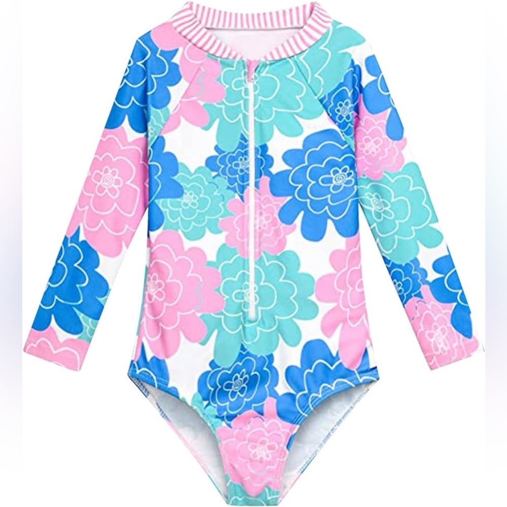 Colorful floral long sleeve girls Rashguard with 3/4 zip high neck NWT